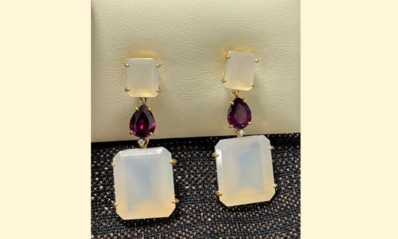 Pearl Agate, Rhodolite and Diamond Earrings