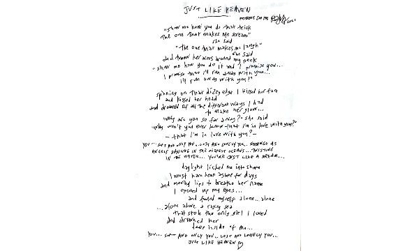 The Cure handwritten lyrics - Just Like Heaven