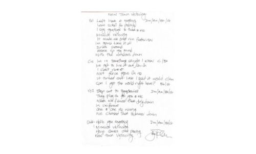 Johnny Marr handwritten lyrics - New Town Velocity